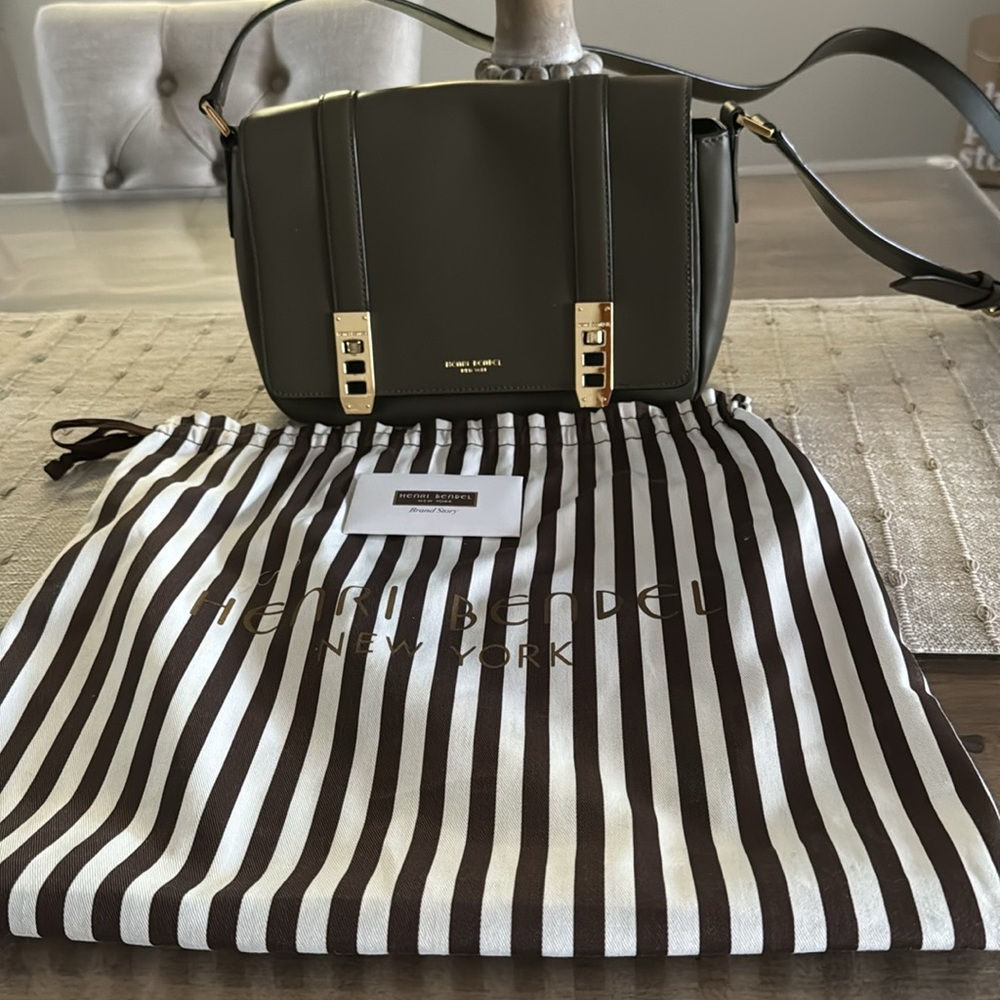 Henri Bendel Uptown Crossbody Handbag Olive with double closure gold hardware